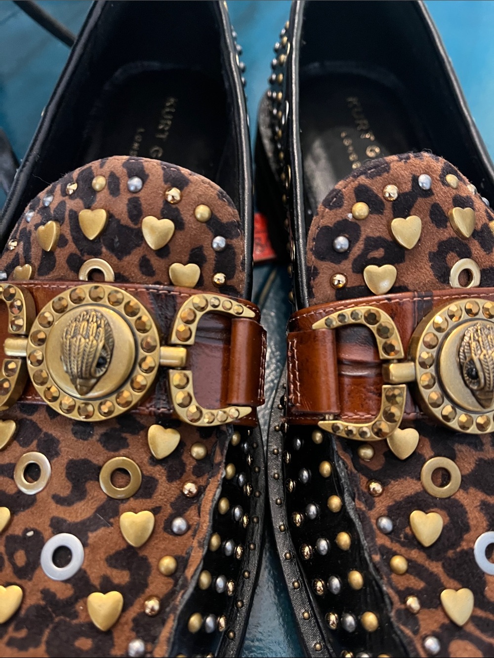 Kurt Geiger Brown Leopard Print Studded Loafers with Gold Accents - Picture 9 of 9
